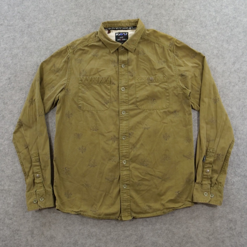 KAVU Shirt Mens Medium Green Fly Fishing Lures Long Sleeve Top Button